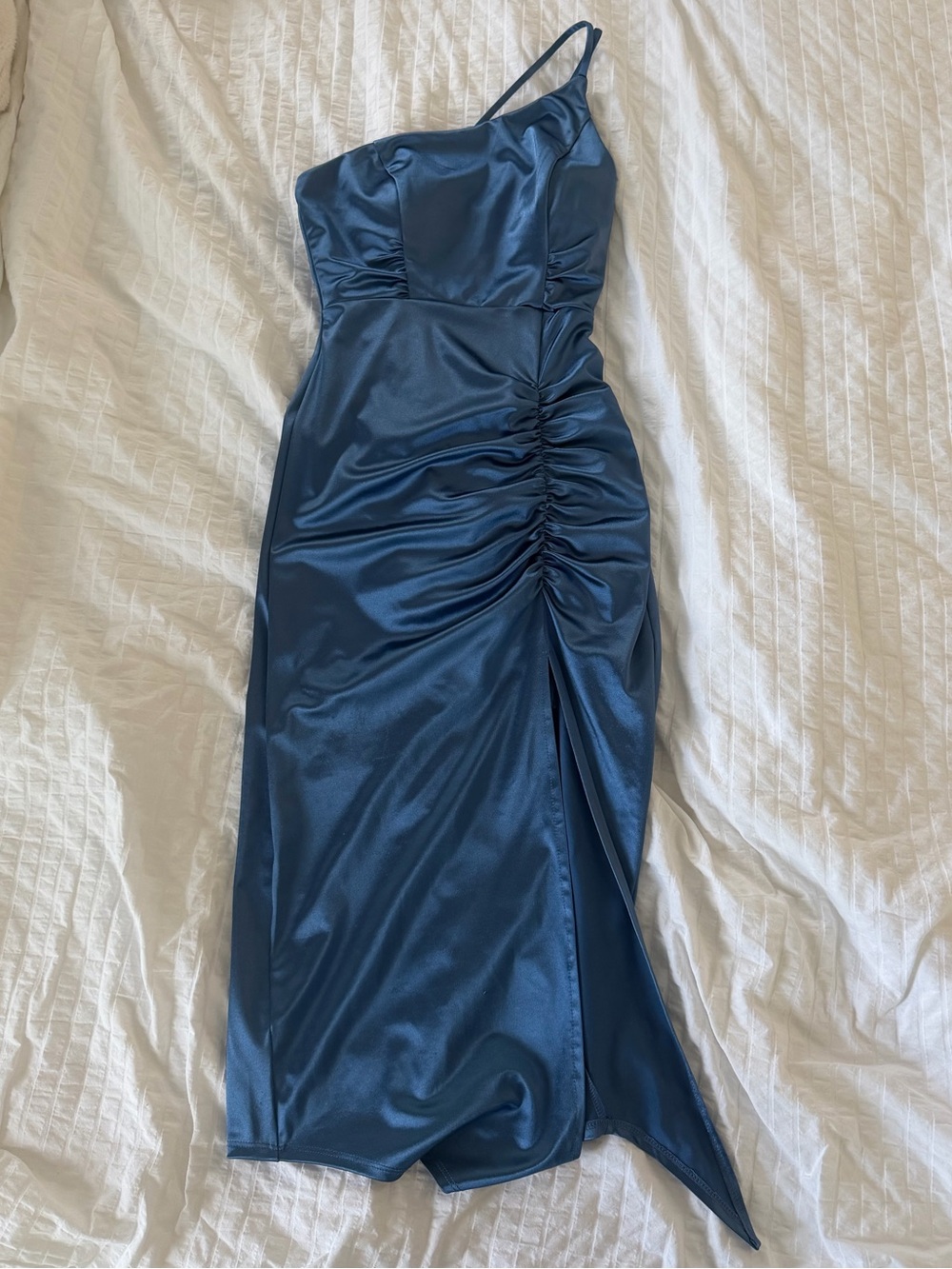 Honey and Rosie One-Shoulder Satin Midi Dress in Slate Blue